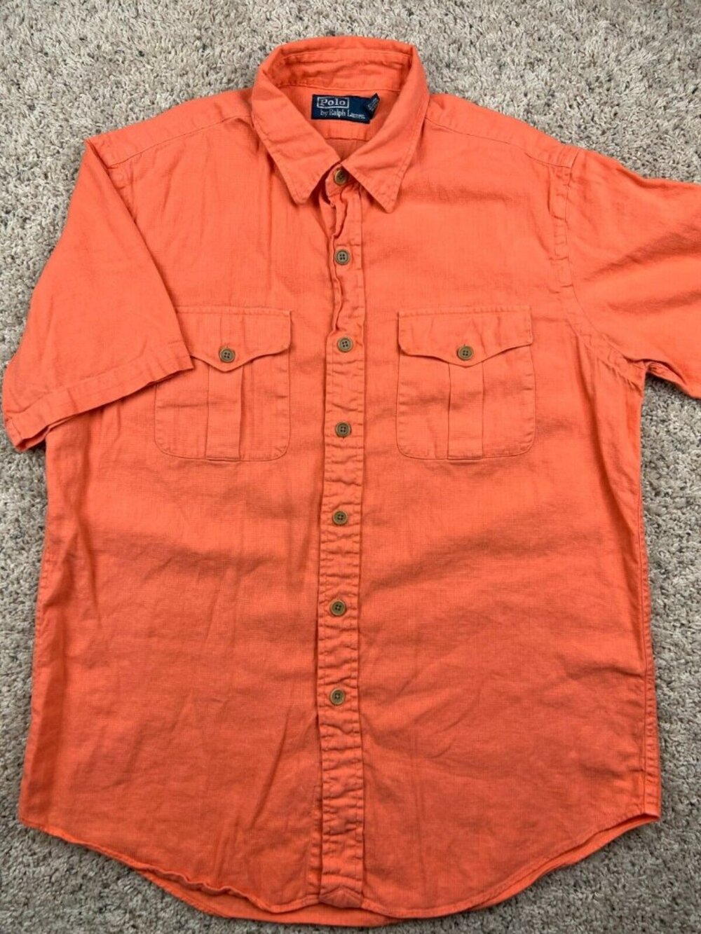 Polo Ralph Lauren Linen Blend Short Sleeve Button Up Shirt Large Solid Orange